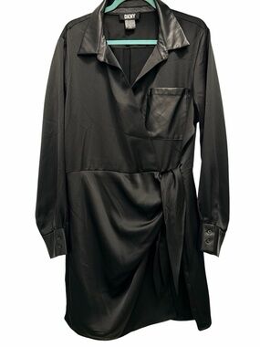 DKNY Black Faux-Leather Trim Wrap Dress Like New XL